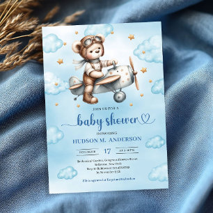 Modern Teddy Bear Pilot Blue Brown Boy Shower Invitation
