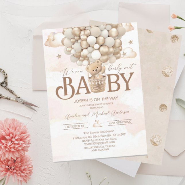Modern teddy bear watercolor baby shower invitation (Creator Uploaded)
