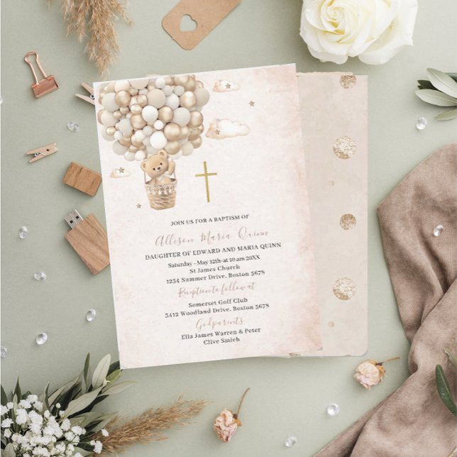 Modern Teddy Bear Watercolor Baptism Invitation (Creator Uploaded)