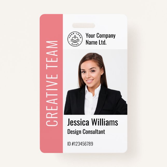 Modern Template Employee Photo Logo Name Pink ID Badge (Front)