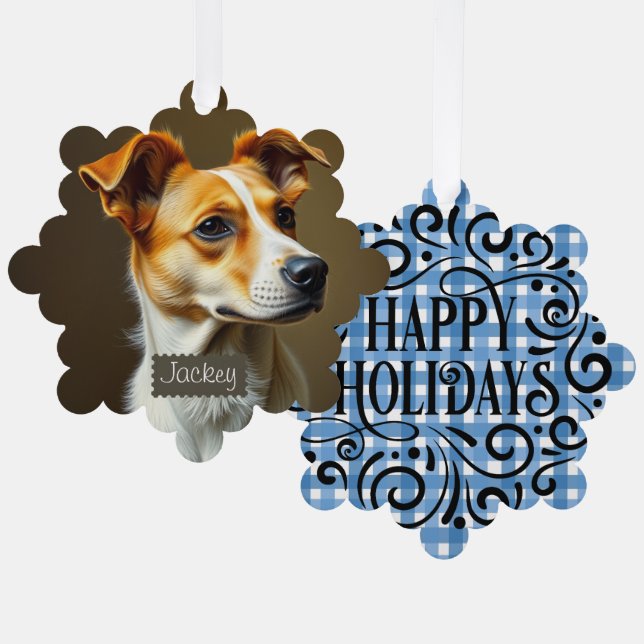 Modern template pet lovers Blue plaid Christmas Tree Decoration Card (Front/Back)