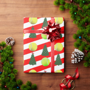 Modern Tennis Ball Christmas Tree Red Stripes Wrapping Paper