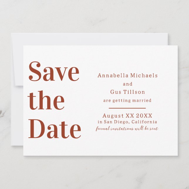 Modern Terra Cotta and White Large Font Save The Date (Front)