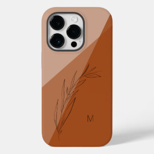 Modern Terra Cotta Line Drawn Leaf Monogram iPhone 14 Pro Case