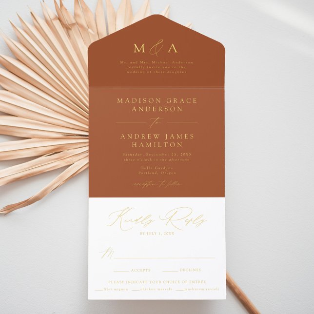 Modern Terracotta and Gold Foil Monogram Wedding All In One Invitation (Creator Uploaded)