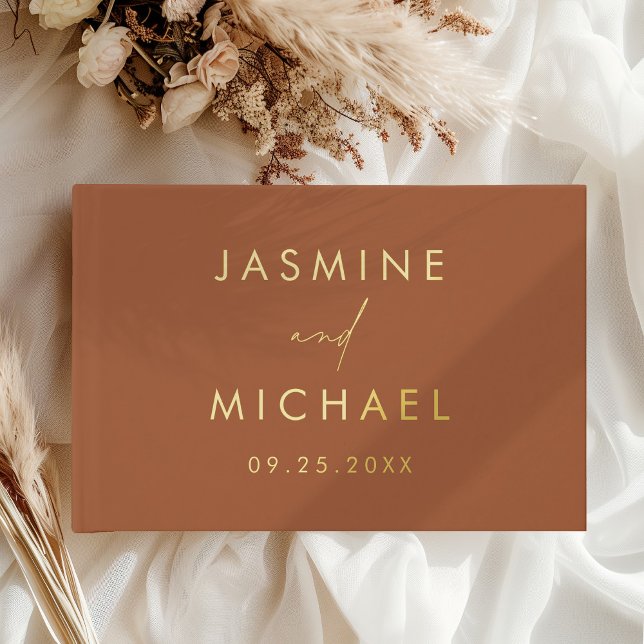 Modern Terracotta and Gold Foil Photo Wedding Guest Book (Creator Uploaded)