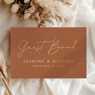 Modern Terracotta and Gold Foil Script Wedding Guest Book