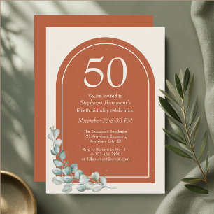 Modern Terracotta Arch Eucalyptus 50th Birthday Invitation