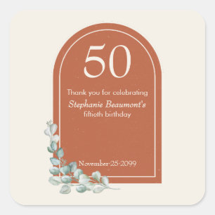 Modern Terracotta Arch Eucalyptus 50th Birthday Square Sticker