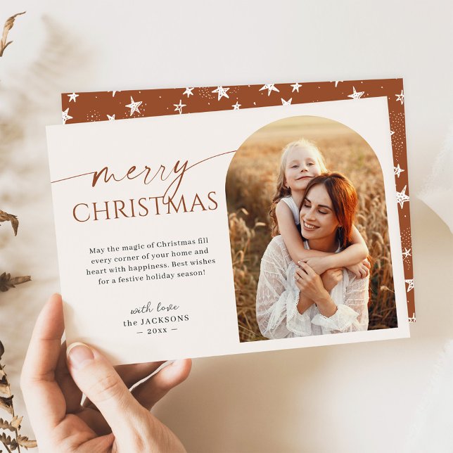 Modern Terracotta Arch Photo Merry Christmas Holiday Card (Creator Uploaded)