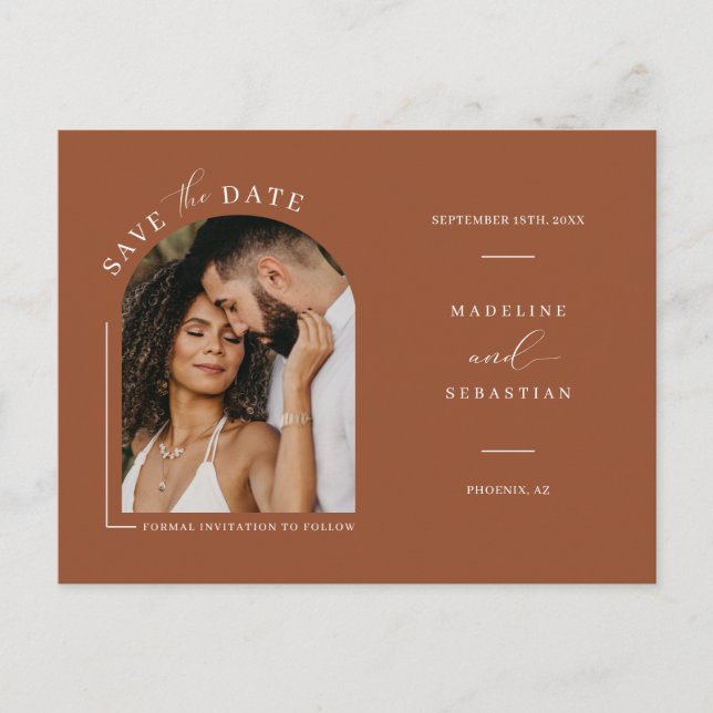 Modern Terracotta Arch Photo QR Code Save the Date Postcard (Front)