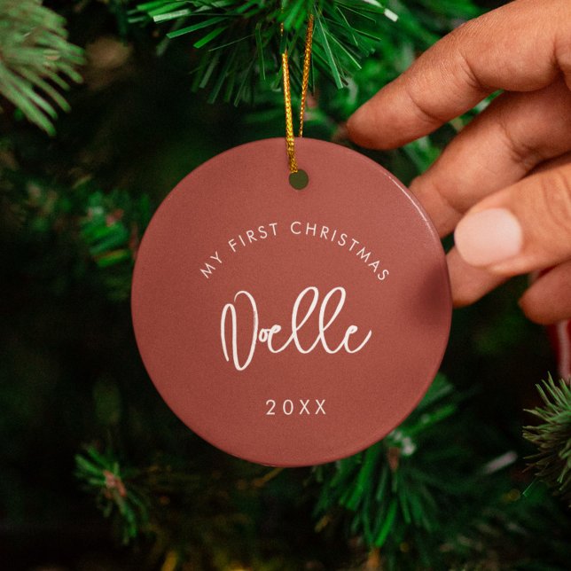 Modern Terracotta Baby's First Christmas Photo Ceramic Tree Decoration (Creator Uploaded)