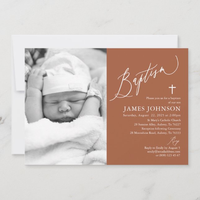 Modern Terracotta Baptism Photo Invitation (Front)