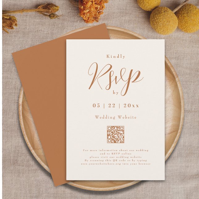 Modern Terracotta Beige Elegant Script Wedding RSVP Card (Terracotta and beige elegant script qr code wedding rsvp card Minimalist and modern)