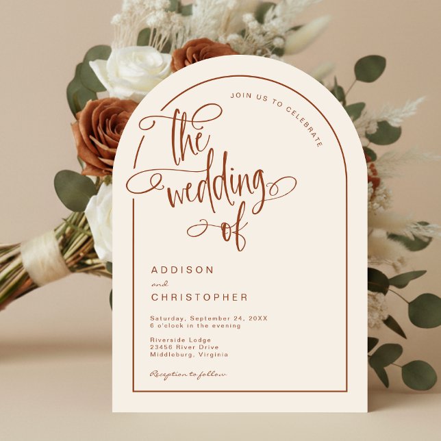 Modern Terracotta Beige Handwritten Script Wedding Invitation (Shown on a 5" x 7" invitation with Arch Corner Style)
