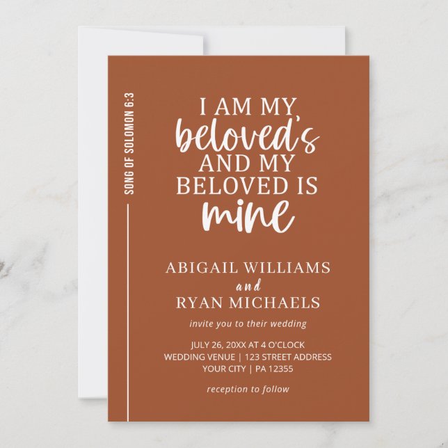 Modern Terracotta Bible Verse Christian Wedding Invitation (Front)
