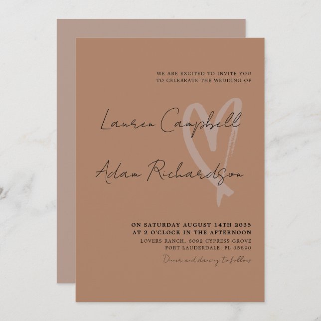 Modern Terracotta & Black Heart Wedding Invitation (Front/Back)