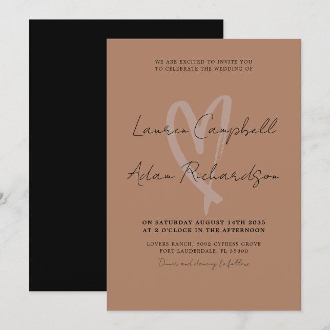 Modern Terracotta & Black Heart Wedding Invitation (Front/Back)