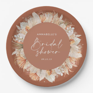 Modern terracotta bohemian pampas bridal shower paper plate