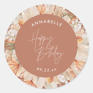 modern terracotta bohemian pampas grass birthday classic round sticker