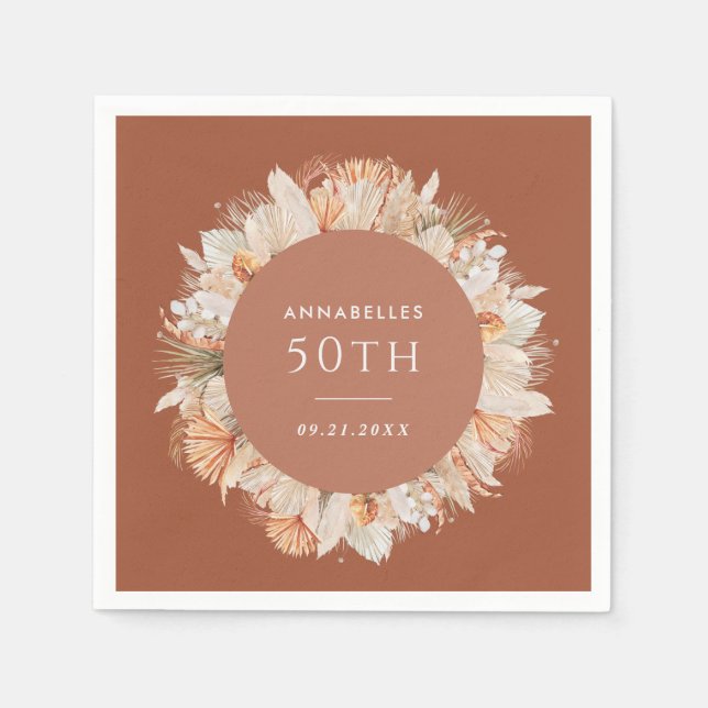 modern terracotta bohemian pampas grass birthday h napkin (Front)