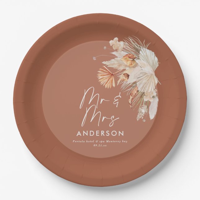 modern terracotta bohemian pampas grass Mr & Mrs Paper Plate (Front)