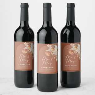 modern terracotta bohemian pampas grass Mr & Mrs Wine Label