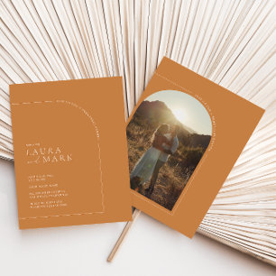 Modern Terracotta Boho Arch Photo Rehearsal Dinner Invitation