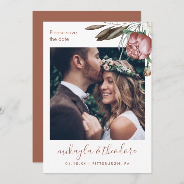 Modern Terracotta Boho Floral Photo Wedding Save The Date (Front/Back)