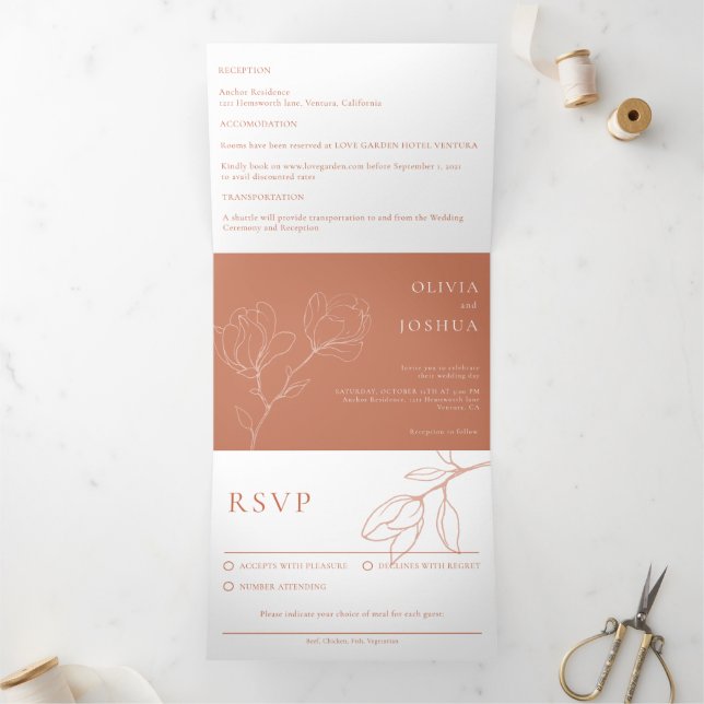 Modern Terracotta Boho Floral Tri-Fold Invitation (Inside)