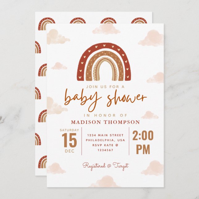 Modern Terracotta Boho Rainbow Clouds Baby Shower Invitation (Front/Back)