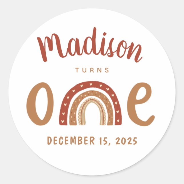 Modern Terracotta Boho Rainbow First Birthday Classic Round Sticker (Front)