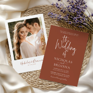 Modern Terracotta Burnt Orange Boho Wedding Photo Invitation