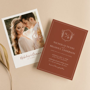 Modern Terracotta Burnt Orange Crest Wedding Photo Invitation