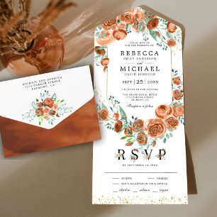 Modern Terracotta Burnt Orange Floral Wedding All In One Invitation