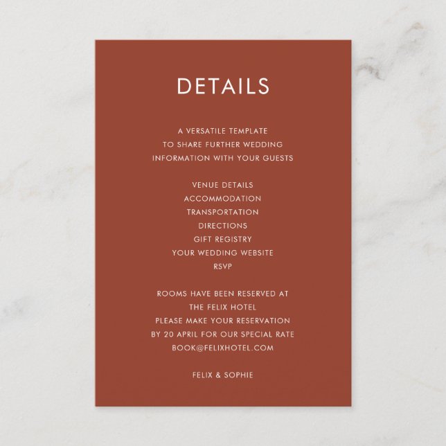 Modern Terracotta | Burnt Orange Wedding Details Enclosure Card (Front)