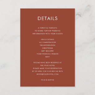 Modern Terracotta Burnt Orange Wedding Details Enclosure Card
