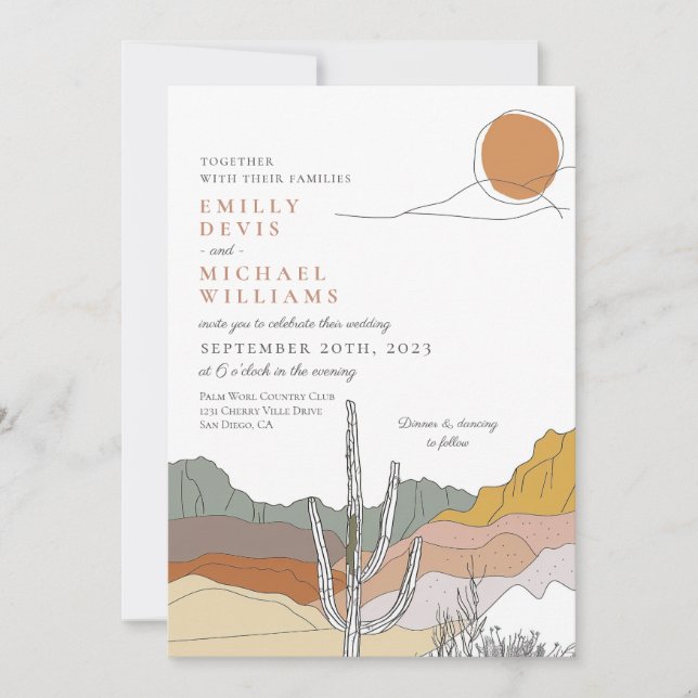 Modern Terracotta Desert Line Art Wedding Invitation (Front)