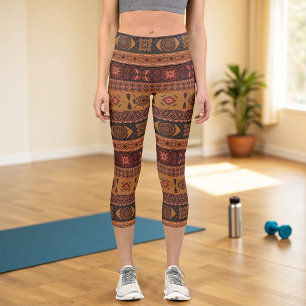 Modern Terracotta Ethnic Tribal Ornamental Pattern Capri Leggings