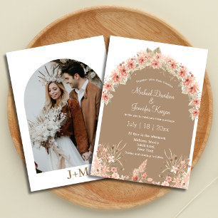modern terracotta floral arch photo fall wedding  invitation