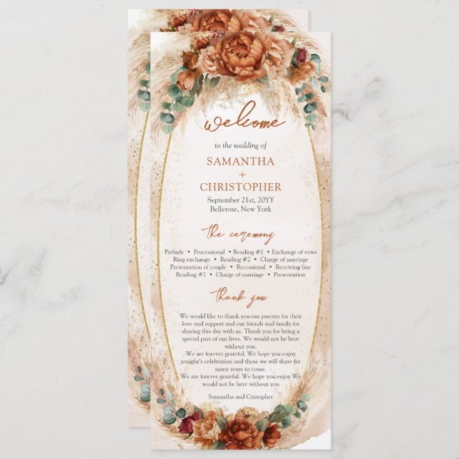 Modern Terracotta flowers burgundy pampas program Programme (Front/Back)