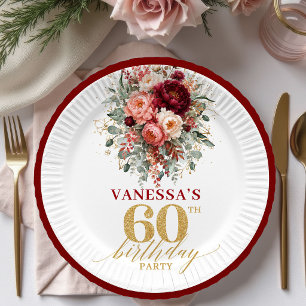 Modern Terracotta Gold Floral 60th Birthday Paper  Plate