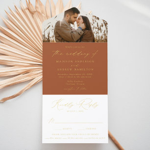 Modern Terracotta Gold Foil Script Photo Wedding All In One Invitation