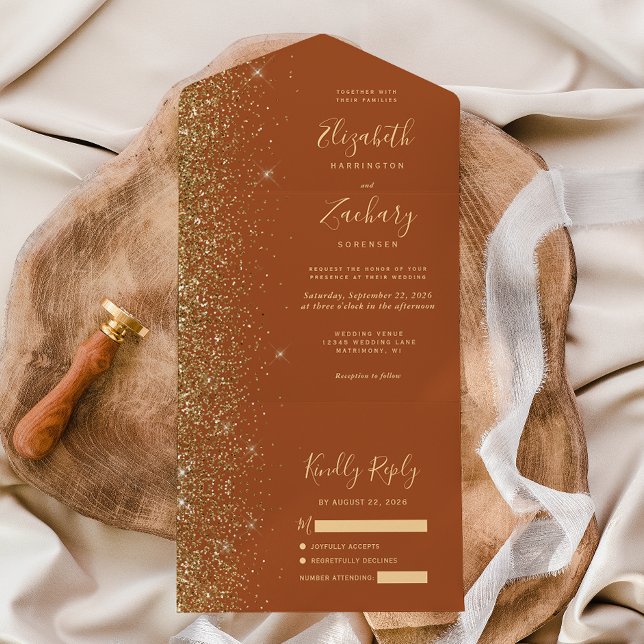 Modern Terracotta Gold Glitter Wedding All In One Invitation (Creator Uploaded)