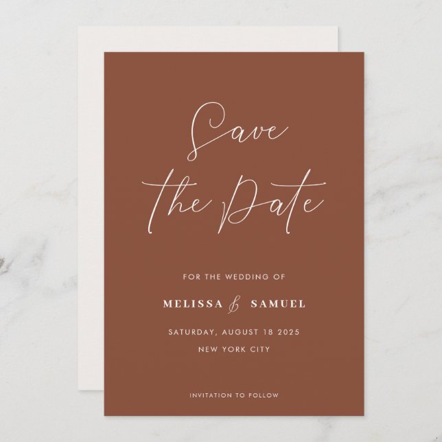 Modern Terracotta Handwritten Script Wedding Save The Date (Front/Back)