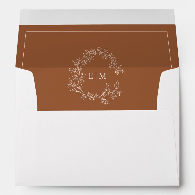 Modern Terracotta Leafy Crest Monogram Wedding Envelope (Back (Bottom))