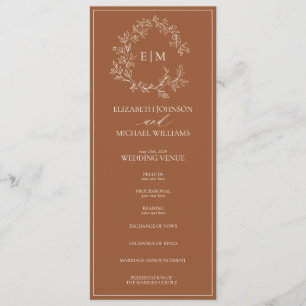 Modern Terracotta Leafy Crest Monogram Wedding Programme