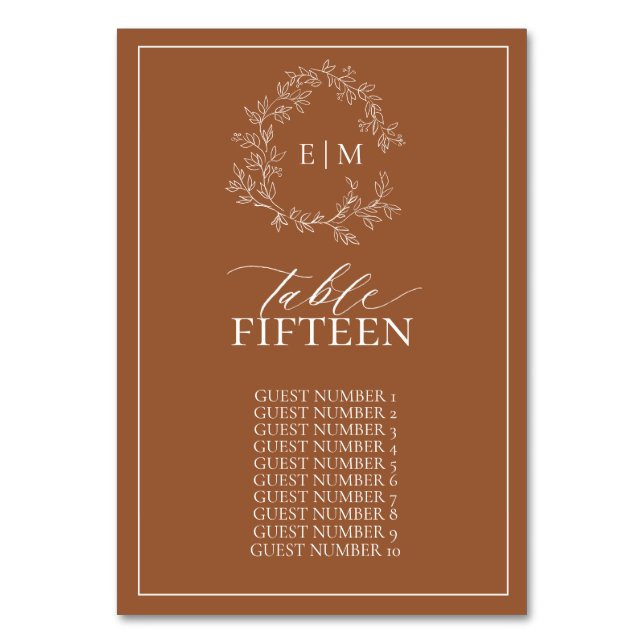 Modern Terracotta Leafy Crest Monogram Wedding Table Number (Front)