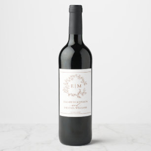 Modern Terracotta Leafy Crest Monogram Wedding Wine Label