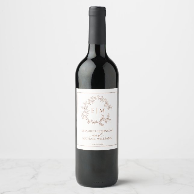 Modern Terracotta Leafy Crest Monogram Wedding Wine Label (Front)